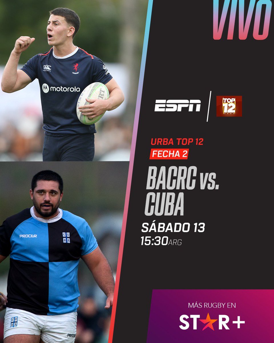 #URBATOP12 | Sábado 15:30 (ARG), con @AlbaneseDiego, @TriniBavio y @MacaBlasi hacemos #BuenosAiresCRC vs #CUBA a través de #ESPNenStarPlus! También disponible en ESPN 4. 🏉⭐