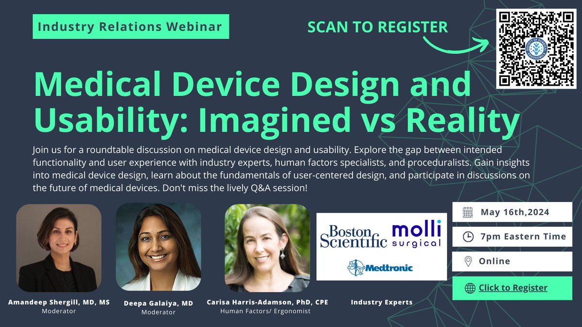 🚨DON'T MISS THIS FREE @SocSurgErgo WEBINAR🚨 Topic: Medical Device Design and Usability: Imagined vs Reality ⚙️ What: Roundtable discussion on medical device design and usability 🗣️ When: 7pm EST, May 16th, 2024 Register below 👇 us06web.zoom.us/webinar/regist…