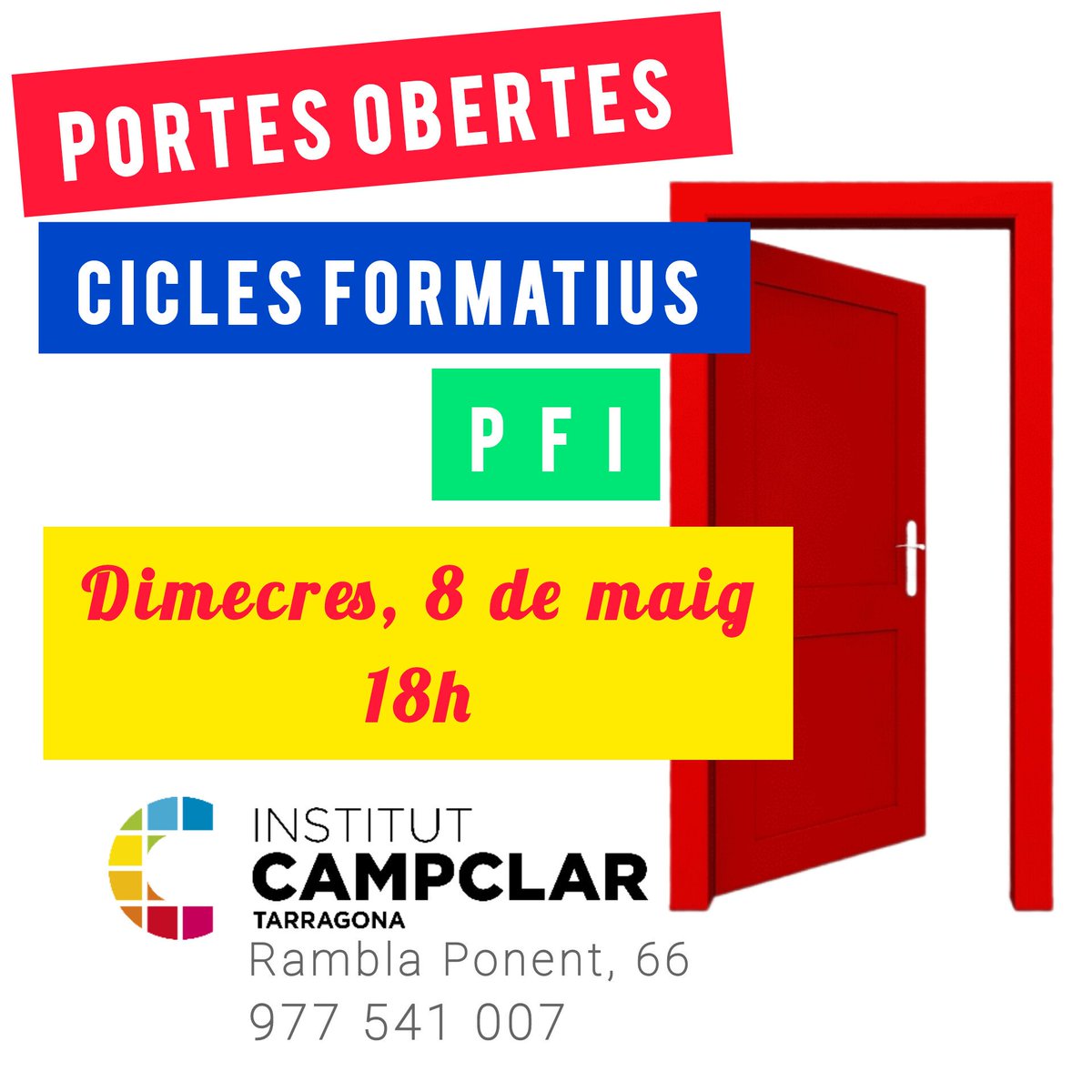 👉El DIMECRES, 8 de MAIG realitzarem les PORTES OBERTES per explicar-vos els nostres CFGM i  PFI:
🔸GFGM Sistemes Microinformàtics i Xarxes
🔸CFGM Activitats Comercials perfil Moda
🔸PFI Auxiliar de vendes, oficina i atenció al públic 
👉Sala d'actes a les 18h