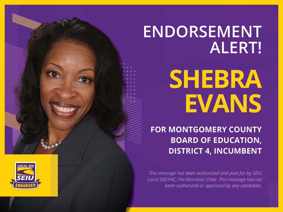 We’re supporting @ShebraEvans for another term on the @mocoboe. She has a record of working for equity and progress for students, regardless of race, origin, socio-economic status or zip code. We know that with Shebra’s continued leadership, students and staff will thrive.