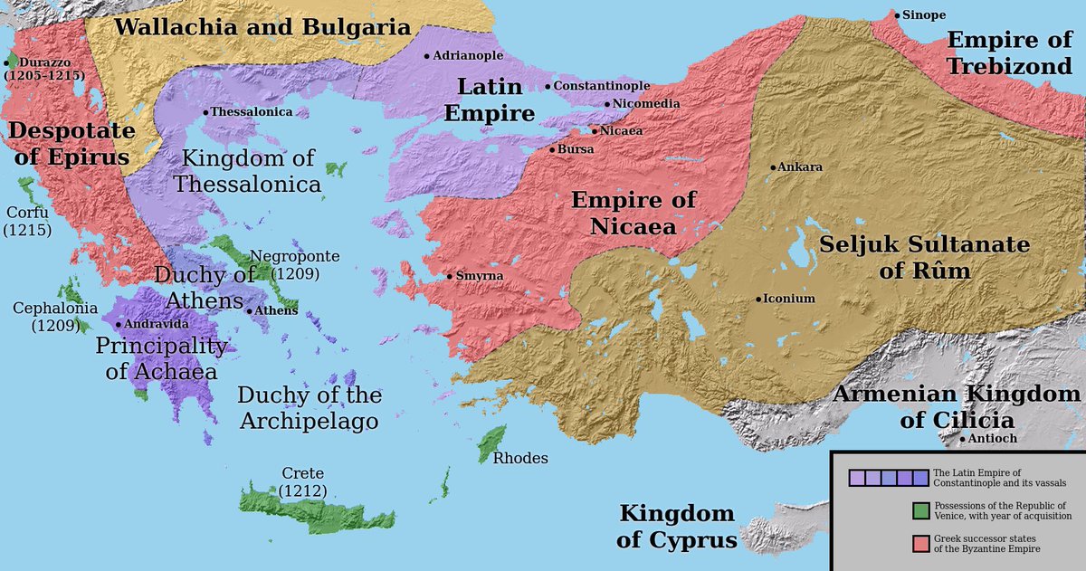 #OnThisDay In 1204, Constantinople, the capital of the Roman Empire, fell to the Crusaders of the Fourth Crusade. Map shows the division of the empire: the Latin Empire was established, while other territories were divided among the Venetians and other Crusader states.