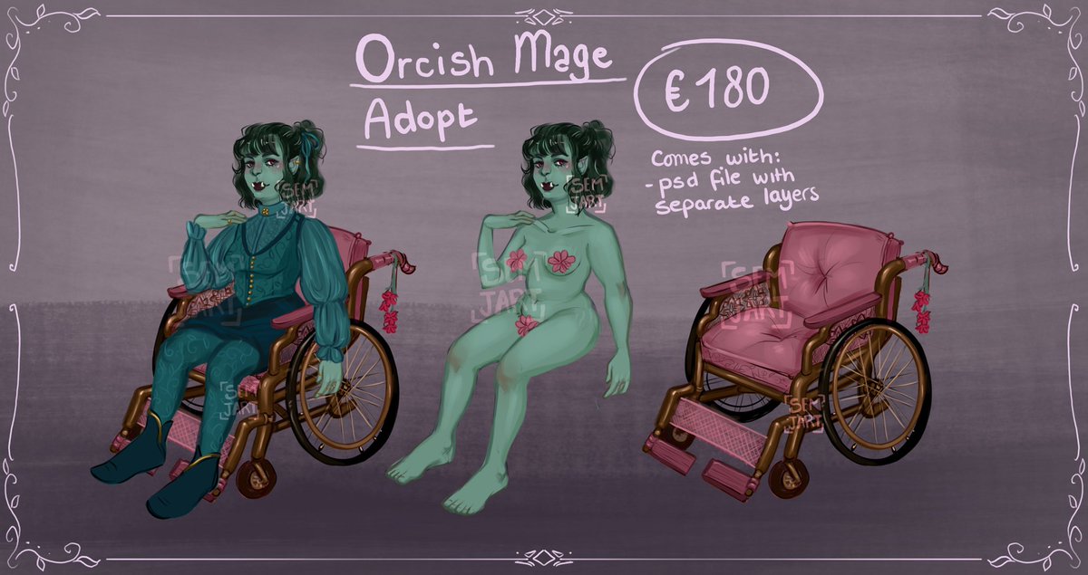 💕Orcish adoptable 💕 If I wasn’t in need of money I’d keep her myself 😭 Please reach out through DMs or email me at semmyjansen.art@gmail.com if interested! Check replies for availability, RTs appreciated as always 🫶🫶