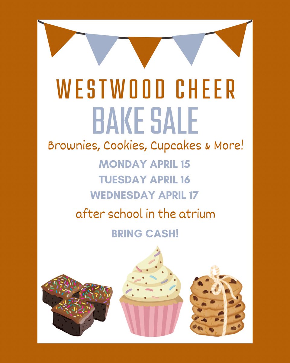 Hey Warriors! Spread the word! We will be having a bake sale next week after school in the atrium on Monday, Tuesday and Wednesday. We’ll be selling brownies, cookies, cupcakes and more. Don’t forget to bring your cash! 🍪🧁🍩