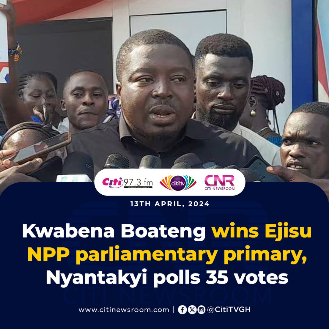 Kwabena Boateng wins Ejisu NPP parliamentary primary, Nyantakyi polls 35 votes | More here:citinewsroom.com/2024/04/kwaben… #CitiNewsroom