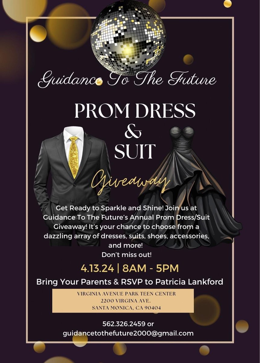 TODAY!  Virginia Ave Park Teen Center, Saturday, 4.13.24, 8AM-5PM, Prom Dress & Suit Giveaway for Santa Monica High School students.
#PeopleHelpingPeople #ParksHelpPeople #ParksSupportCommunity #ParkEquity