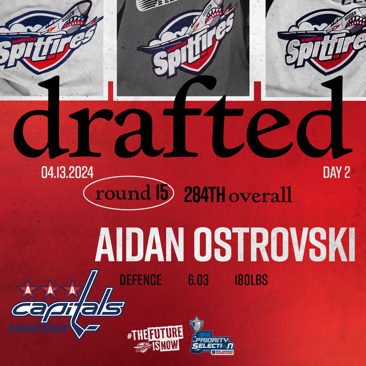 With the 284th overall pick in the 2024 OHL Priority Selection, the Windsor Spitfires are proud to select Aidan Ostrovski from the Credit River Capitals team! #WindsorSpitfires #OHLDraft