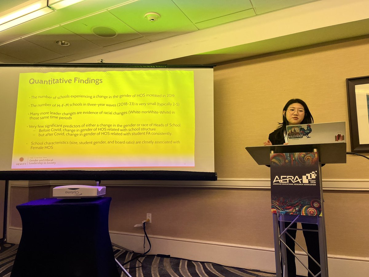 Love to see it: @YubinJang12 delivering her first research talk at #AERA2024–collaborative work with me, @jennieweiner and @CoachOdell1987 about the glass cliff phenomenon among heads of school. @UDCEHD @UDSOE