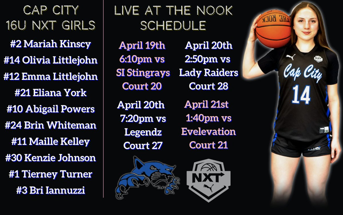 Cap City Scrappers (@capcityaau) on Twitter photo Our 16u NXT girls roster and schedule next weekend for Live at the Nook! <a href="/SelectEventsBB/">Select Events Basketball</a> Our 16u NXT girls roster and schedule next weekend for Live at the Nook! <a href="/SelectEventsBB/">Select Events Basketball</a>