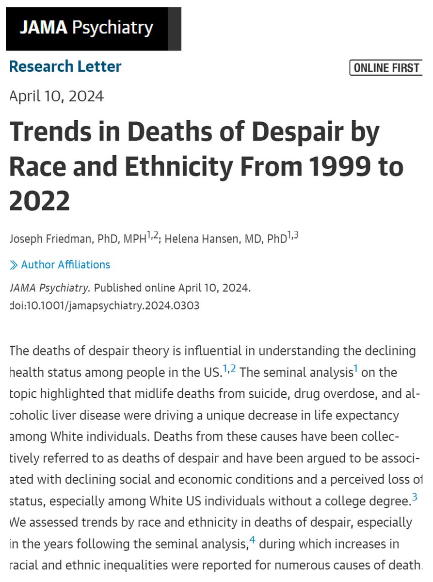 In @JAMAPsych, Helena Hansen and I show that 'Deaths of Despair' (from overdose, suicide, alcohol) among Black Americans overtook the rate for White Americans in 2022. This further debunks the narrative that these deaths uniquely harm White communities. jamanetwork.com/journals/jamap…