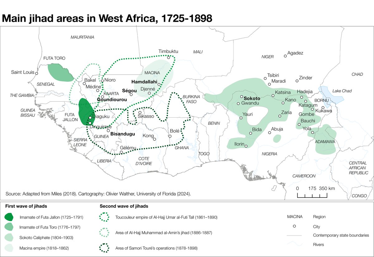 West Africa has experienced 9 major holy wars (jihads) since the early 18th century, including the two currently underway in the Central Sahel and Lake Chad region. The last time a Jihadist insurgency was defeated militarily was in 1898, when Captain Gouraud captured Samori Touré
