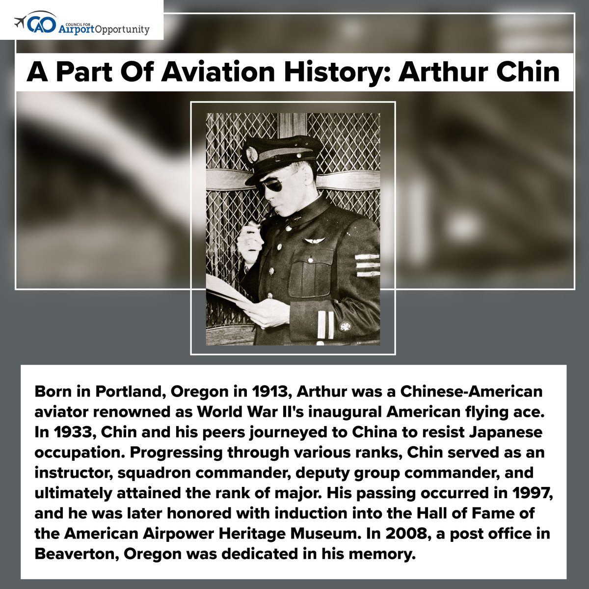 This Diversity Month, CAO is thrilled to celebrate a premiere pilot, Arthur Chin! ✈️  Arthur has blazed a trail in the aviation industry, breaking barriers and inspiring others along the way. 

#DiversityMonth #Inspiration #CelebratingExcellence #CAO