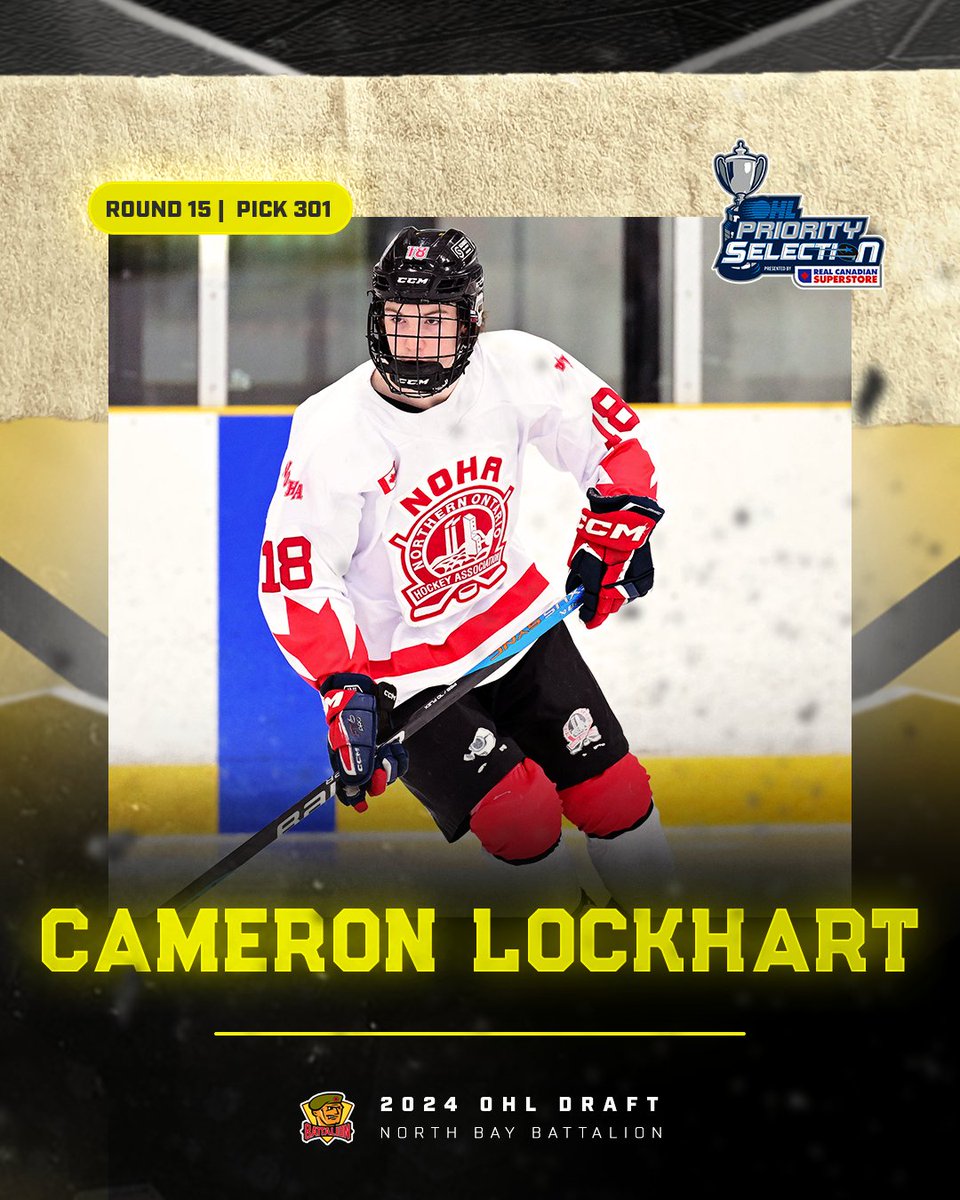 With the 301st pick in the 2024 #OHLDraft, the North Bay Battalion select Cameron Lockhart. 

#GoTroopsGo