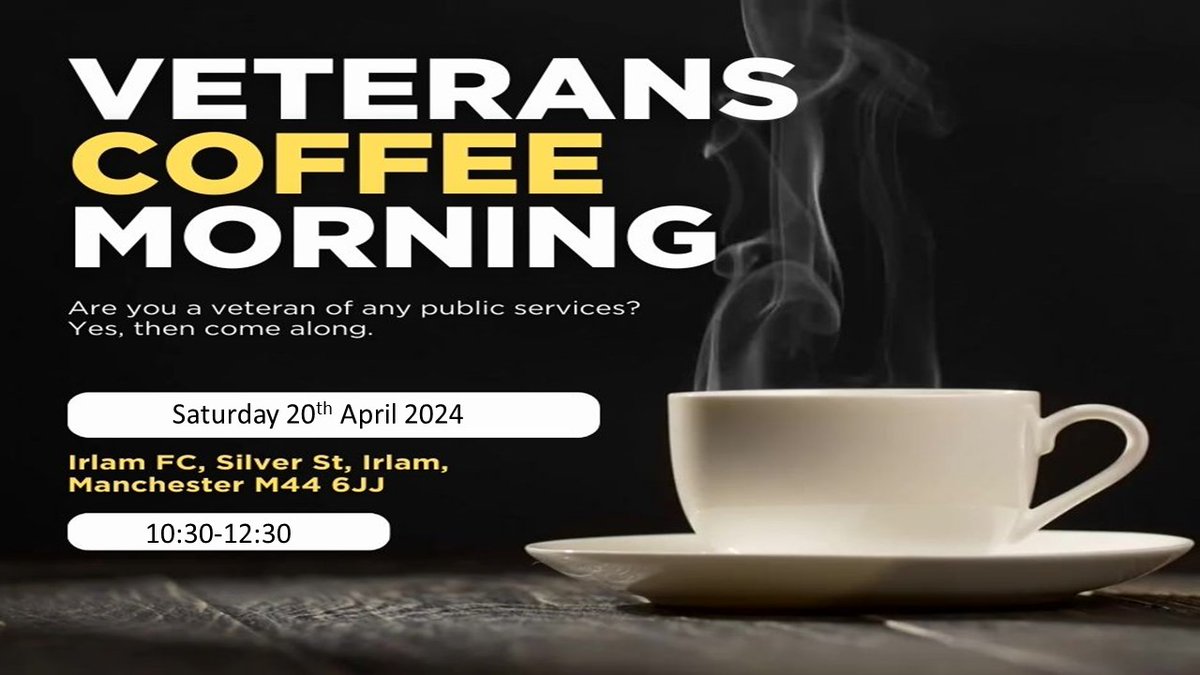 GMP are working in conjunction with GMFRS, NWAS and Irlam FC to support our Veterans. If your about in Irlam on Saturday 20th April then come along to Irlam FC, Silver Street and grab a brew and a bite to eat with fellow Veterans.