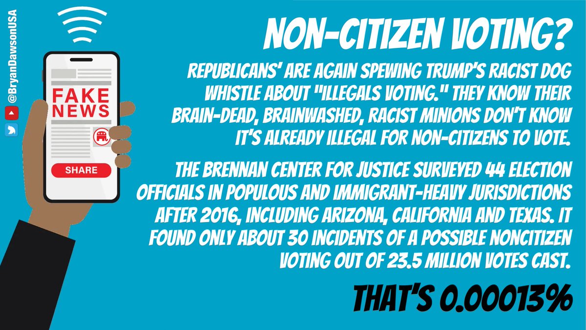 Republicans’ are again spewing Trump’s racist dog whistle about “illegals voting.” They know their brain-dead, brainwashed, racist minions don’t know it’s already illegal for non-citizens to vote in federal elections. Reality? AP reported a few audits: In 2016, North Carolina…