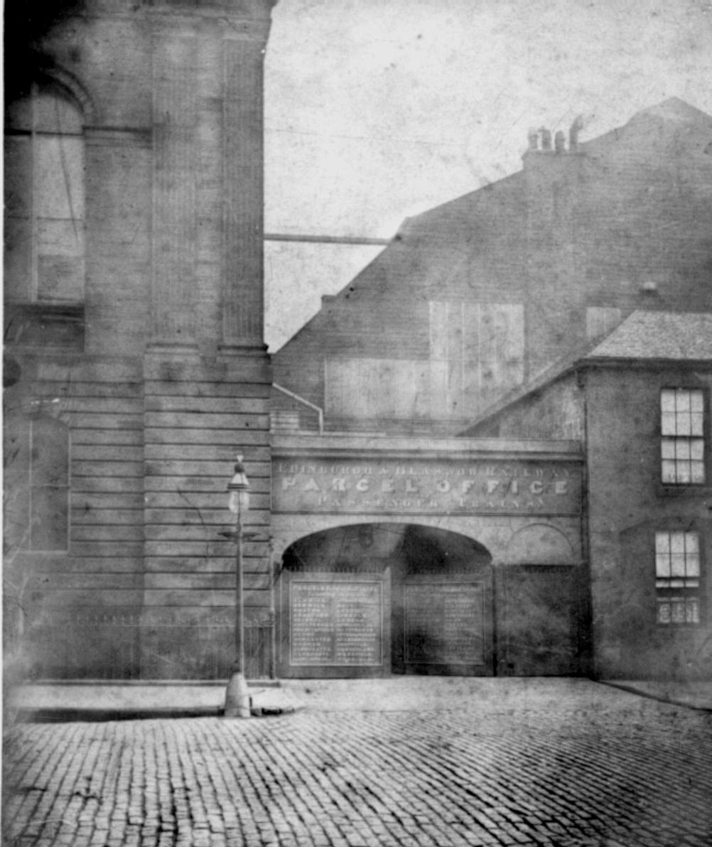 Entrance to the Edinburgh & Glasgow Railway Co's Queen St Station, c.1870, before its redesign by James Carswell in 1878-80. The station was opened in 1842 as Dundas St Station before being renamed Queen St. Archive Ref: P877