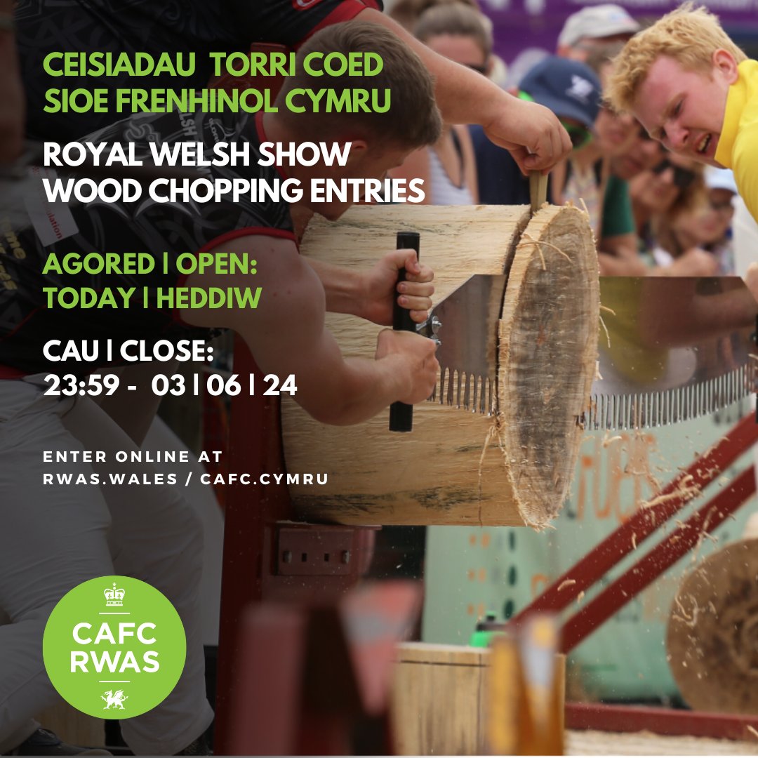 The entries are now open online for the woodchopping competitions at the Royal Welsh Show. The schedule is on the website. Mae'r ceisiadau nawr ar agor ar-lein ar gyfer y cystadlaethau torri coed yn Sioe Frenhinol Cymru. Mae'r amserlen ar y wefan. rwas.wales/royal-welsh/co…