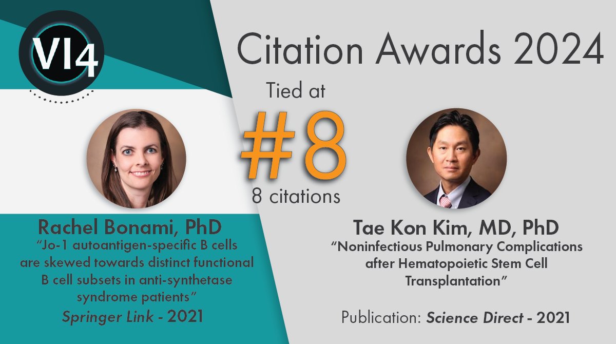 🎉 Coming in at #8 in our citation awards is...🥁....🥁 a tie! Congrats to @BonamiRachel & @TaeKonKim1 for their papers which received 8 citations each! Dr. Bonami's paper 📖 ➡️ loom.ly/kLGdSN8 Dr. Kim's paper 📖 ➡️ loom.ly/RoCzetM #VI4Symposium ➡️ 4/19