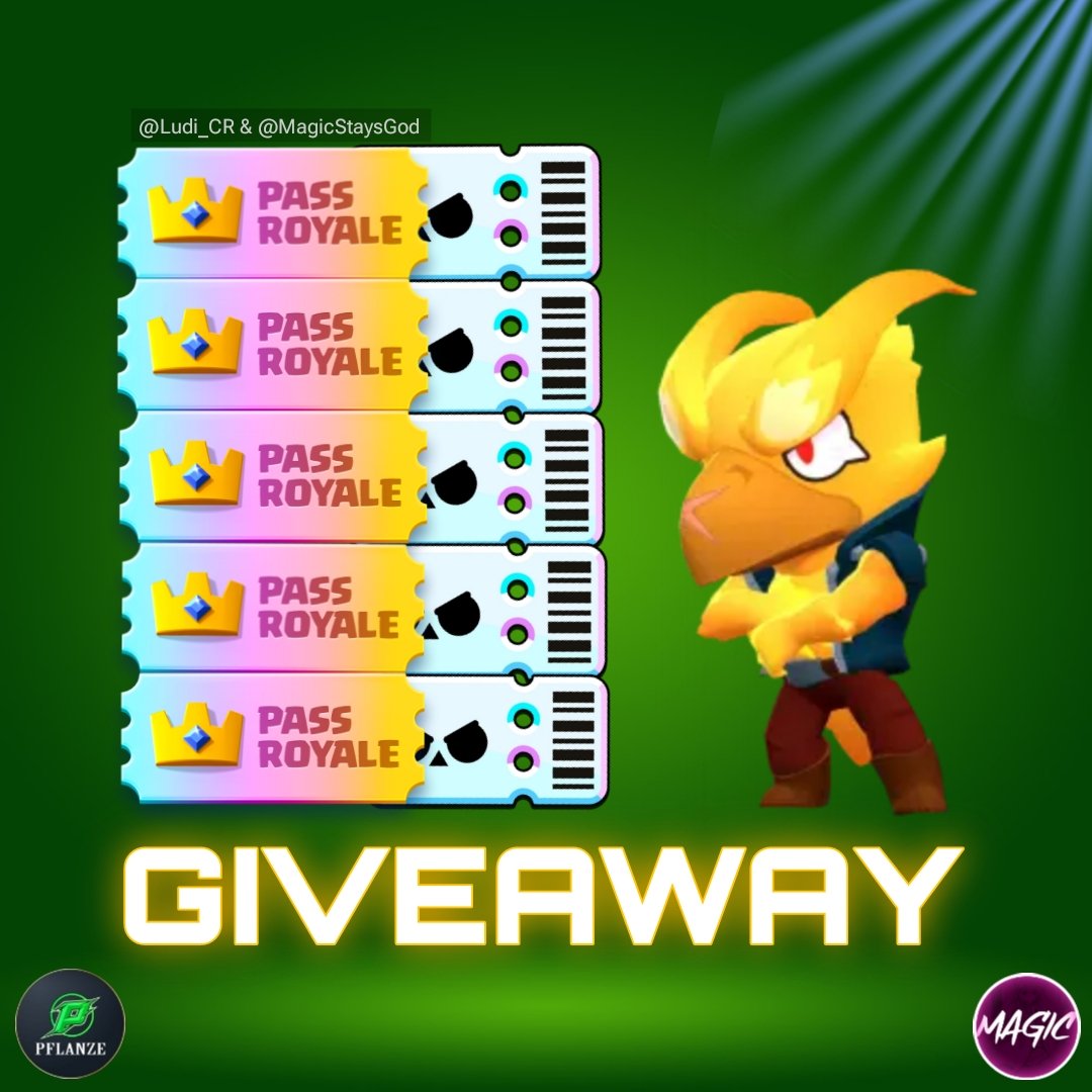 Ludi_CR's tweet photo. 🎁GIVEAWAY🎁

- x5 Diamond Pass or
- x5 Brawl Pass Plus 

Rules:
- Follow @Ludi_CR
- Follow @MagicStaysGod 
- Like♥️ &amp; RT♻️

Ends in 5 days. Good Luck🍀
#BrawlStars #ClashRoyale https://t.co/Tyn4MeIUON