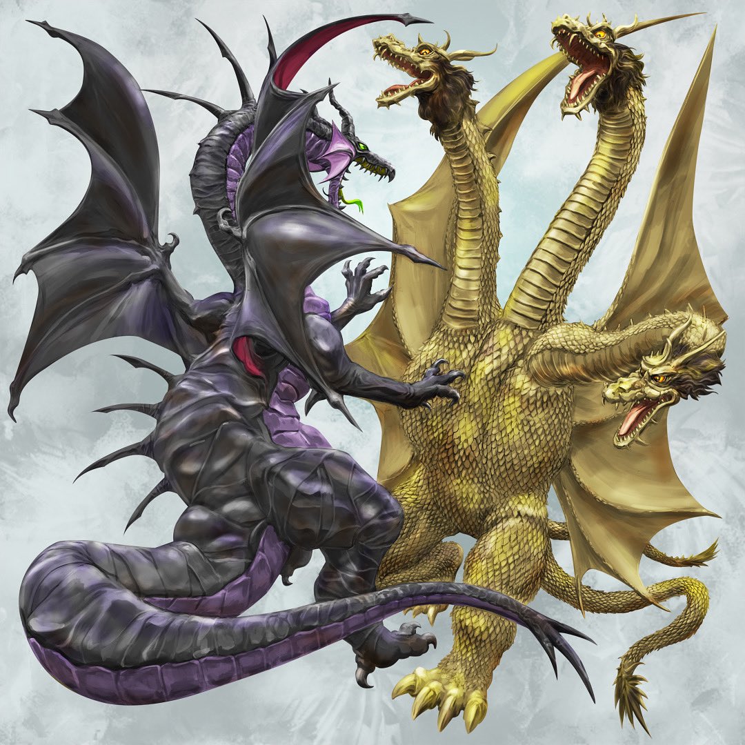 こんなのも描きましたけど全宇宙って程では無いですね
 #全宇宙の支配者を決める星人ドリームマッチ
ゴアゴンゴンvsスノーゴン
メカゴジラ vsキングジョー
バルタン星人vsエイリアンクィーン
マレフィセントvsキングギドラ