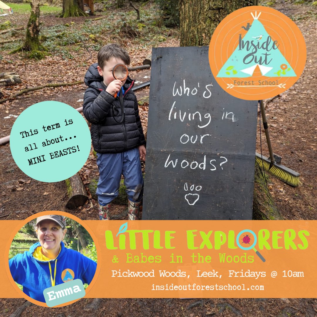 Leek Little Explorers & Babes in the Woods are back!

Little Explorers is a group for children from 18m to 4y.

Fridays combine with Babes in the Woods, suitable for 0-18m.

Starting Monday 15th April.

Leek, Friday, 10am-11:30, Pickwood Woods.

Book on: insideoutforestschool.com/little-explore…