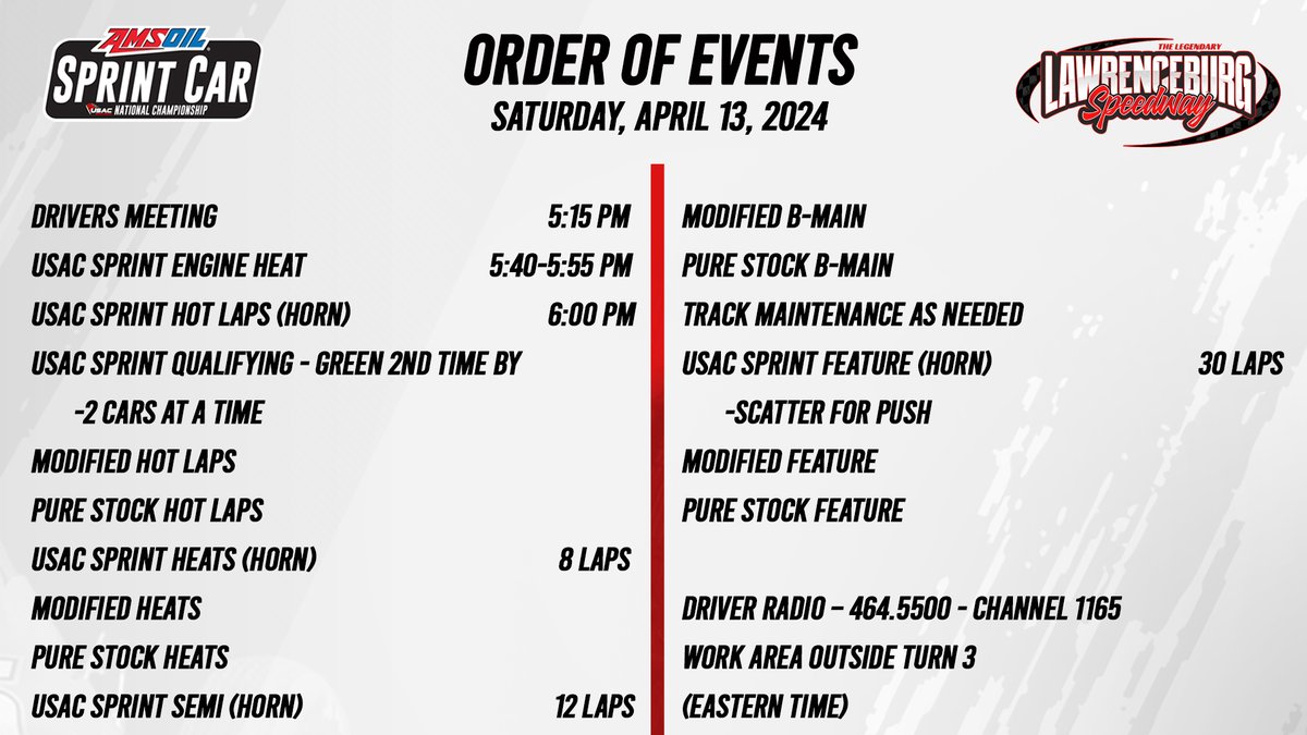 Order of Events!📜 Here's the lineup for tonight's inaugural Justin Owen Memorial at @TheBurgSpeedway featuring the USAC @AMSOILINC Sprint Car National Championship. 📺 @FloRacing | flosports.link/usac