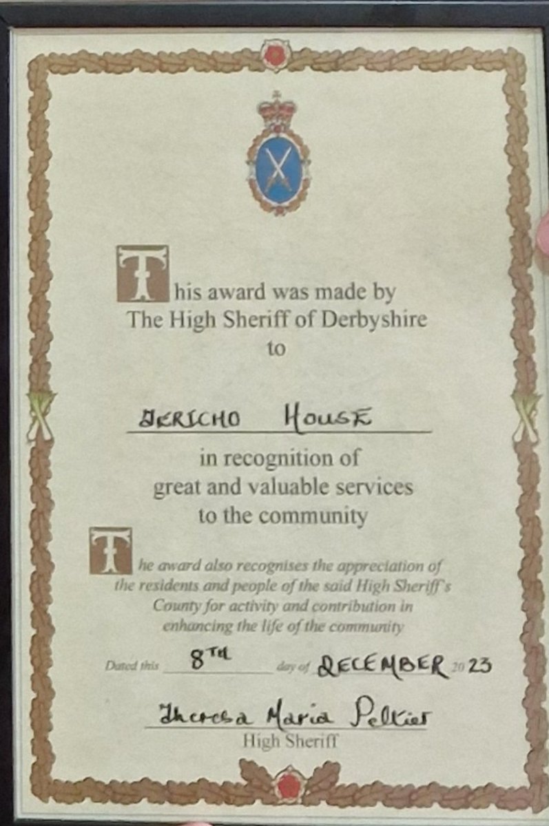 A Special Visit and a Grateful Thank You We had an unexpected and heartwarming surprise at Jericho House yesterday. Theresa Peltier DL, this past year's Derby High Sheriff, paid us a visit to present our staff team with the High Sheriff Award for our service to the community❤️