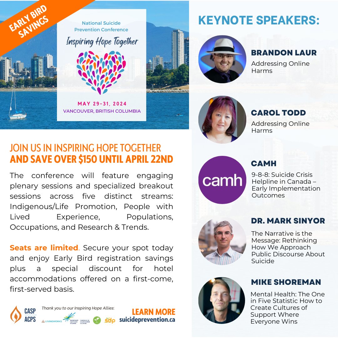 Don't miss out on the chance to make a difference! Early bird savings for the National Suicide Prevention Conference are available until April 22nd! Visit bit.ly/4bh0Elx for more information.