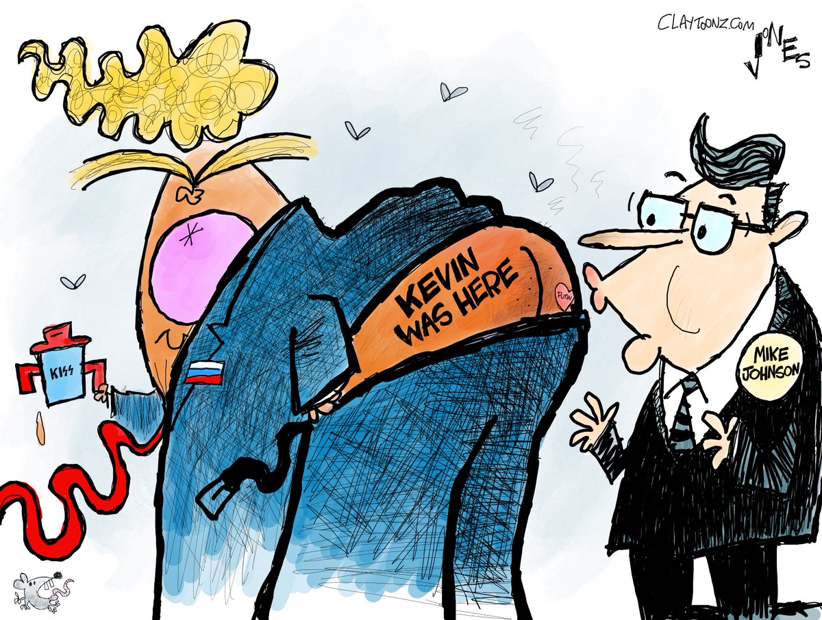 claytoonz's tweet photo. Speaker Mike Johnson is now a full-fledged member of Donald Trump's Kiss My Ass Club. #MikeJohnson #SpeakerJohnson #Trump #MAGA #MaraLago #TrumpCult #MAGAts #AssKisser #KevinMcCarthy https://t.co/fycDWqHeN2