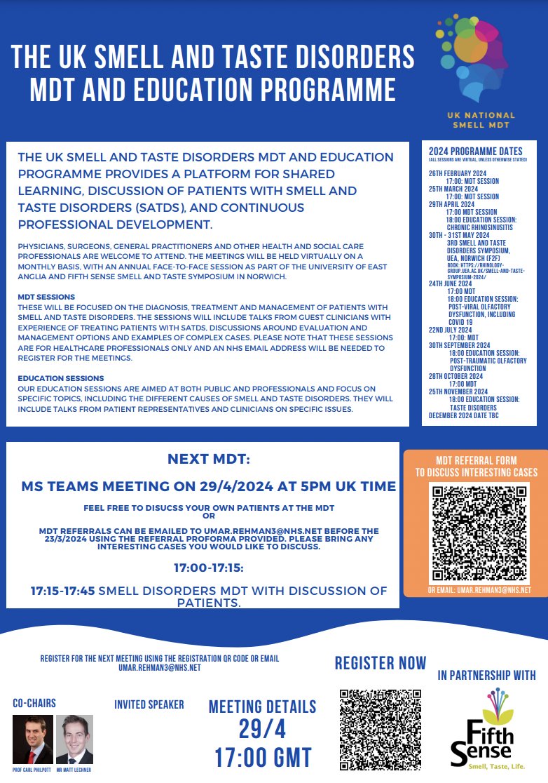 **The UK Smell & Taste Disorders MDT and Education Programme** Sign up now for these monthly virtual MDT and educational meetings - discussing complex cases and all aspects of assessing and managing smell and taste disorders! Next meeting: 29/04/24, 5pm 👃 @FifthSenseUK