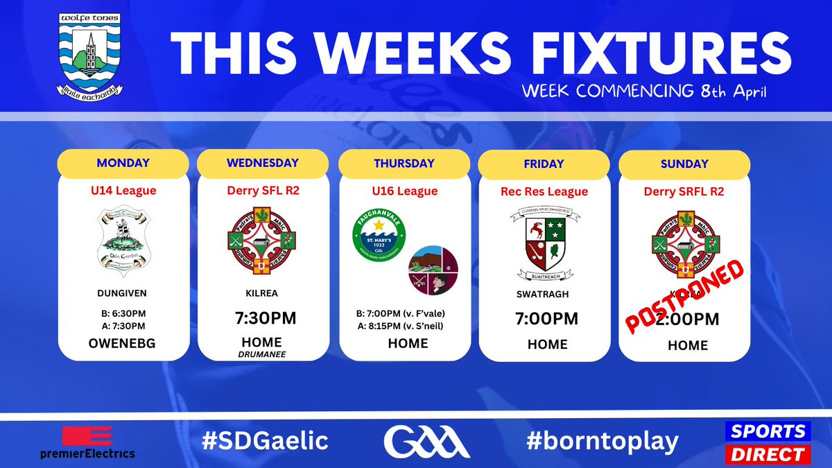 FIXTURE UPDATE | SRFL Tomorrows Men’s Senior Reserve League Game vs. Kilrea has been postponed #SDGaelic #borntoplay