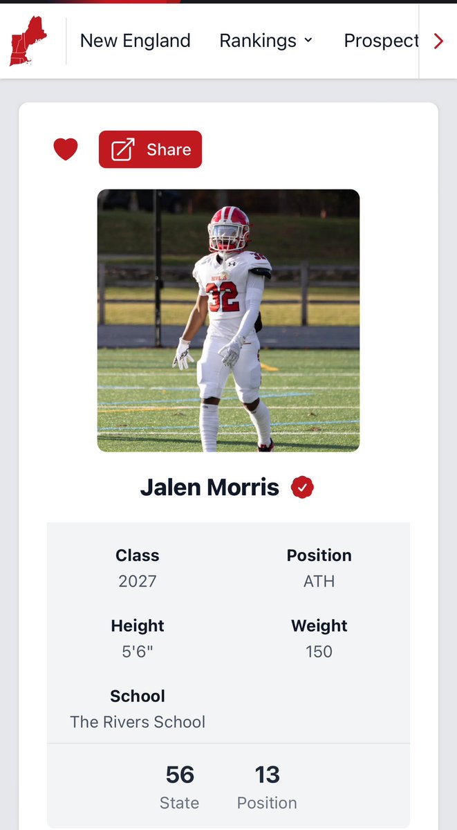 Thank you @PRZ_CoachSilva @PrepRedzone for ranking me 56th , 13th for ATH position and 7th for running back in New England. I’m thankful and I’m going to earn my respect this season @Coach_RanddyL @RiversAthletics @JonasLGray