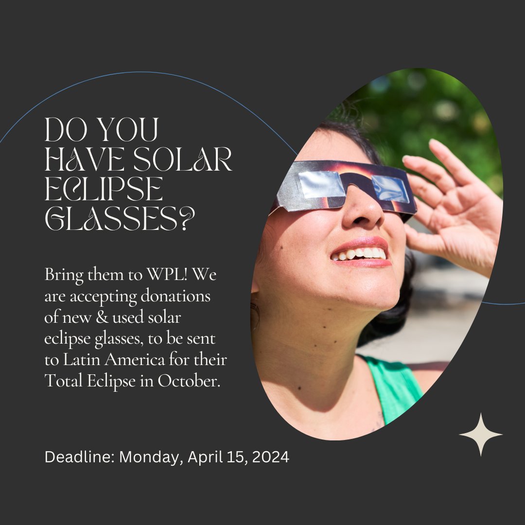 LibraryWauseon's tweet image. The deadline to donate your leftover Solar Eclipse Glasses is this-coming Monday, April 15 so please bring them to the Library no later than 5:00 PM on Monday so they can be donated to Latin America! Thank you!