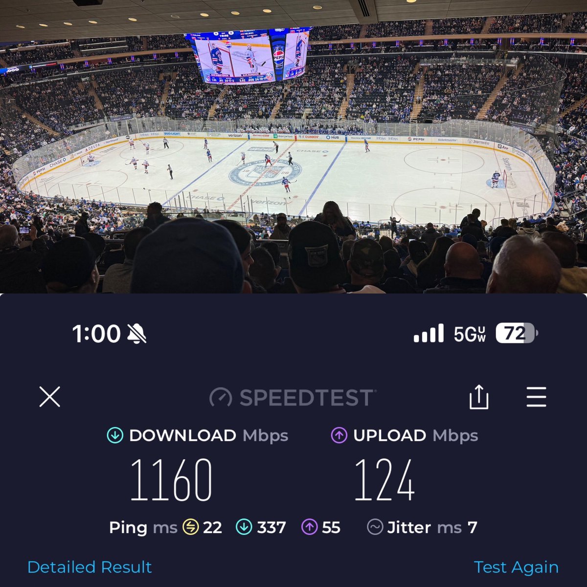 WorldWideWillJo's tweet photo. Smoking fast #Verizon #5G in Madison Square Gardens! #WeAreTestForce https://t.co/1JEwngxmry