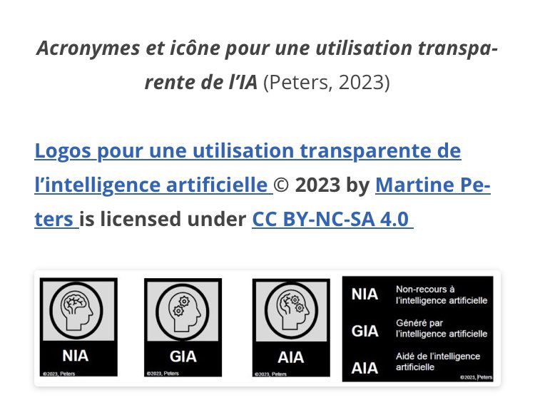 Logo pour une utilisation transparente de l’IA. Voilà qui va plaire à mes élèves car ils avaient émis l’idée, lorsqu’on avait abordé la questions des licences CC à déposer ou pas sur leurs images générées avec l’IA. mpeters.uqo.ca/utilisation-tr… @martinepe (🙏@RochaneK pour l’info!)