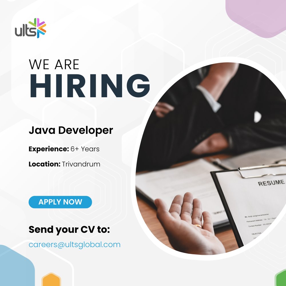 Exciting career opportunity! Join our team in Trivandrum as a #JavaDeveloper and accelerate your career growth. Apply now! #TrivandrumJobs #JobOpportunity #ULTSHiring #CareersAtULTS #HiringAlert #Java