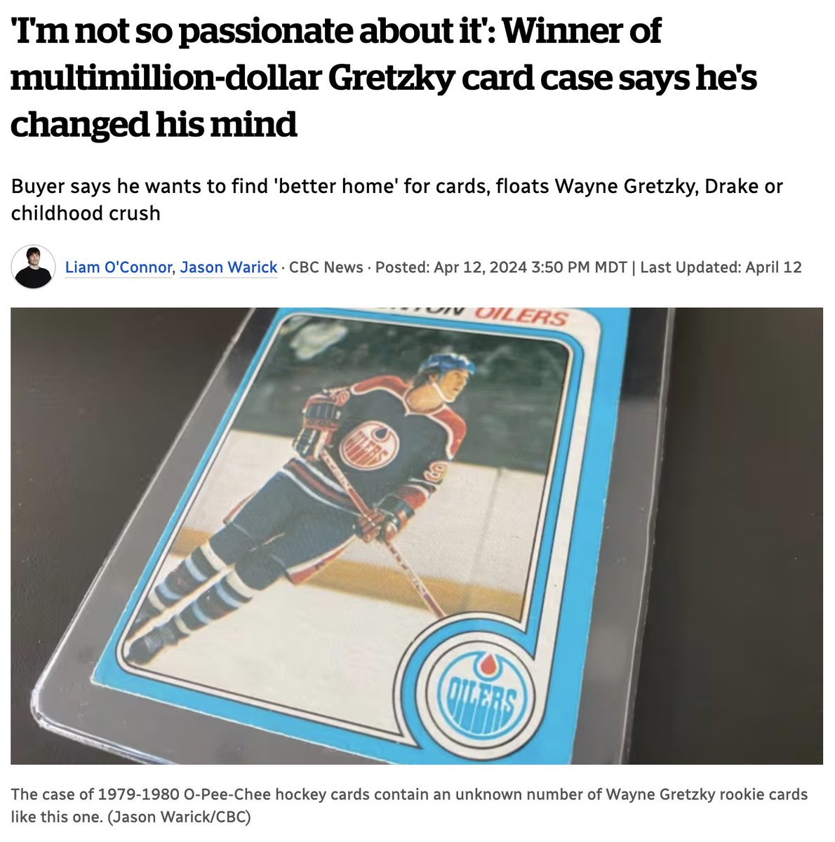 A perfect story for National Hockey Card Day  After winning at auction a  multimillion-dollar case of 1979-1980 O-Pee-Chee hockey cards, containing  an unknown number of Wayne Gretzky rookie cards, Ontario-based real