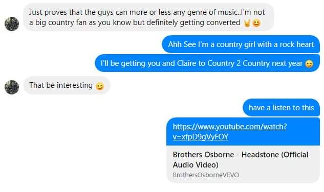 Juliet_M25's tweet photo. Having a chat with my @Nickelback buddy about CMT Crossroads,  @brothersosborne this happened  - converting the people one at a time 🤘 https://t.co/0ZrNXwH7Oi