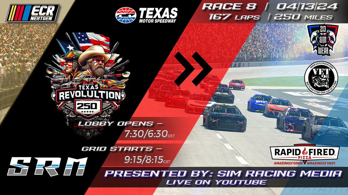 Raceday!!! Tonight, we head to old <a href="/TXMotorSpeedway/">Texas Motor Speedway</a> for 250 miles of action-packed racing, Tires are going to be king, who will make them last?

Tune in tonight at 9:10 pm et as <a href="/SimRacingMedia1/">Sim Racing Media</a> call all the action live on <a href="/YouTube/">YouTube</a> 

youtube.com/live/YIIYXH0rs…