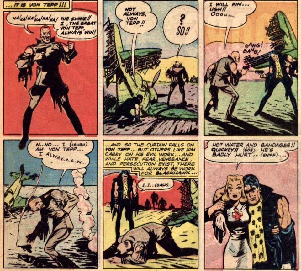 In Quality Comics' Military Comics #1 from 1941, we see the first appearance of Blackhawk, created by Will Eisner and illustrated by Chuck Cuidera. Unlike the scene between #HanSolo and Greedo, where differing versions show who shot first, there is no ambiguity here: Blackhawk…