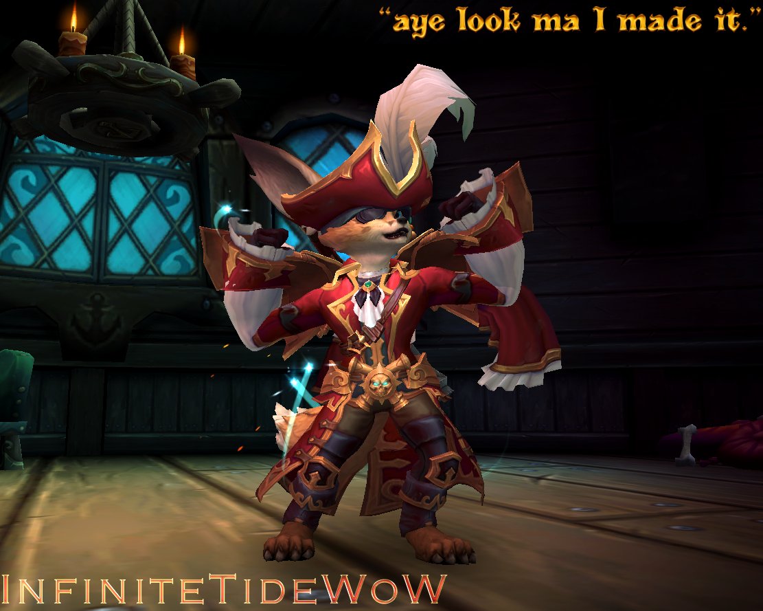 InfiniteTideWoW's tweet photo. "aye look ma I made it!" 

Plunderlord Cali at ye service! 
-wiggles- 
Made it to 40 last night. So hyped for myself. ^^" 
Needed more pirate gear for my gal.

BIG thanks to my foxie friend @gzibocod for helping me get here! XDD https://t.co/Km7JiMKyk4