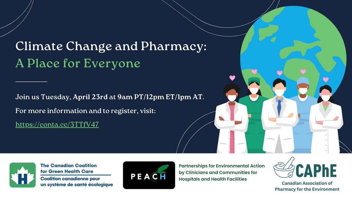 Join us next week for 'Climate Change and Pharmacy: A Place for Everyone'. 💊🌿 #Pharmacy professionals and students from across Canada will discuss their experience tackling climate change and environmental #sustainability in the sector. Register here👉conta.cc/3xGJf6l