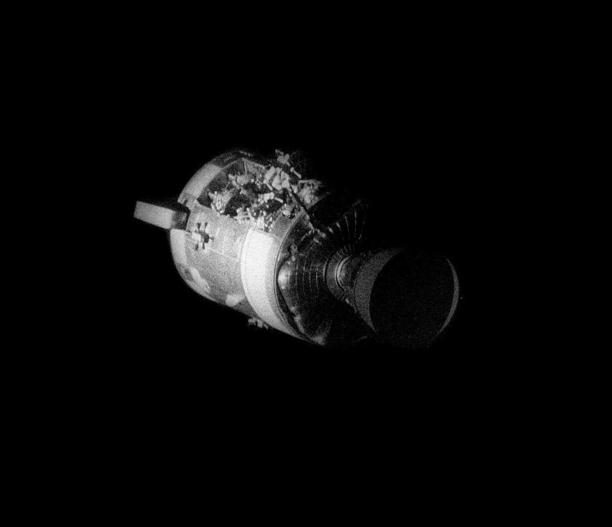 On this day 1970 - Apollo 13 Explosion After a routine stir of an oxygen tank, damaged wiring insulation caused an explosion which depleted both of the Service Module’s oxygen tanks into space. The crew had to shut down the Command Module and move into the Lunar Module which