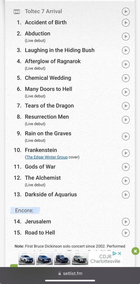 If you’re a fan of Bruce Dickinson’s solo music, like I am, this is an incredible setlist from the show last night in Hollywood. Wish I could’ve been there. Hopefully there’s a NYC show for him in the future, not surprised he didn’t play any MAIDEN.