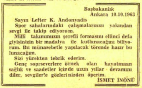 İsmet İnönü'nün Lefter Küçükandonyadis'e mektubu...