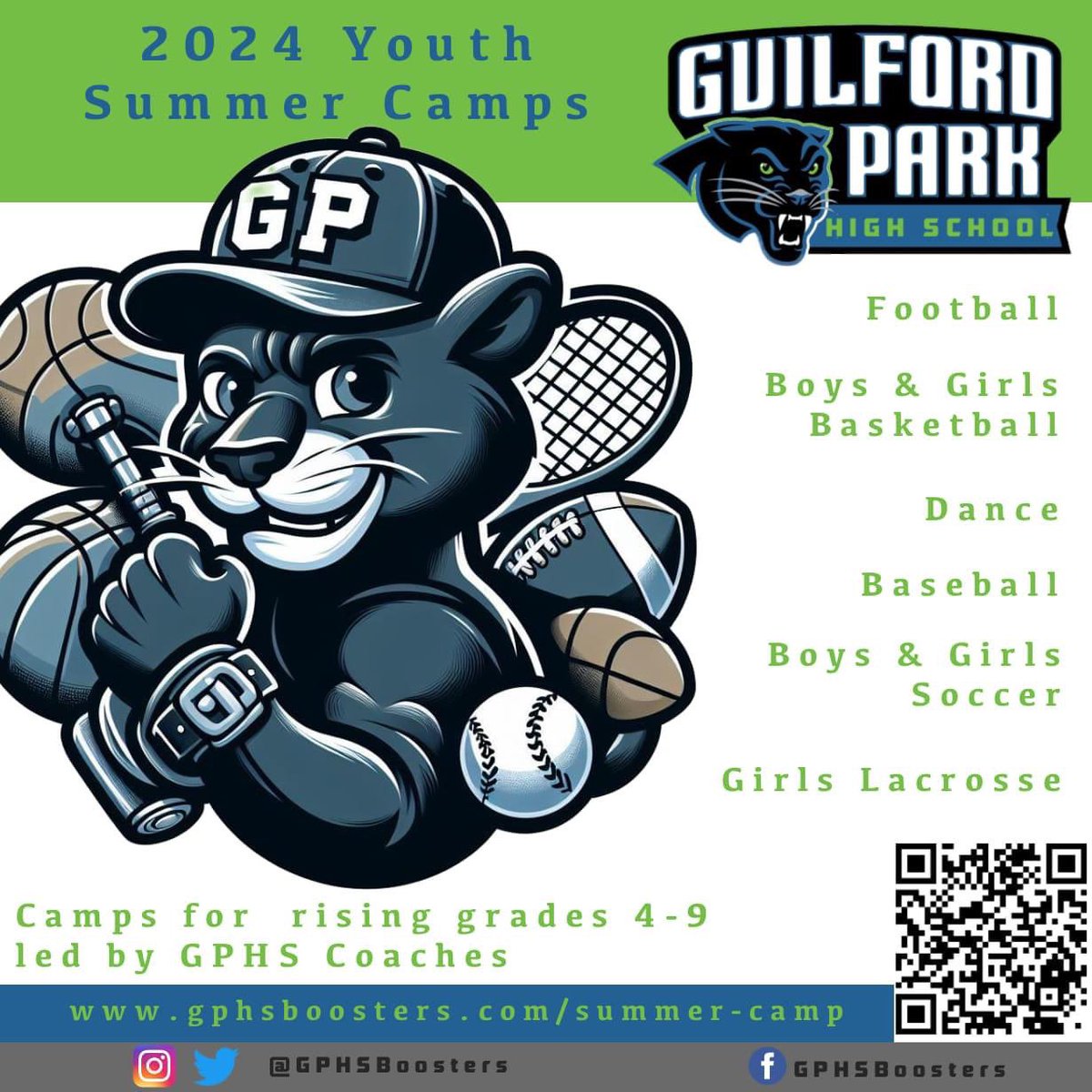 Guilford Park is happy to announce our inaugural round of youth summer camps! Suited for kids entering grades 4th - 9th next school year. All camps are led by GPHS coaches, focus on skills development and having fun, and cost $140 for the week! gphsboosters.com