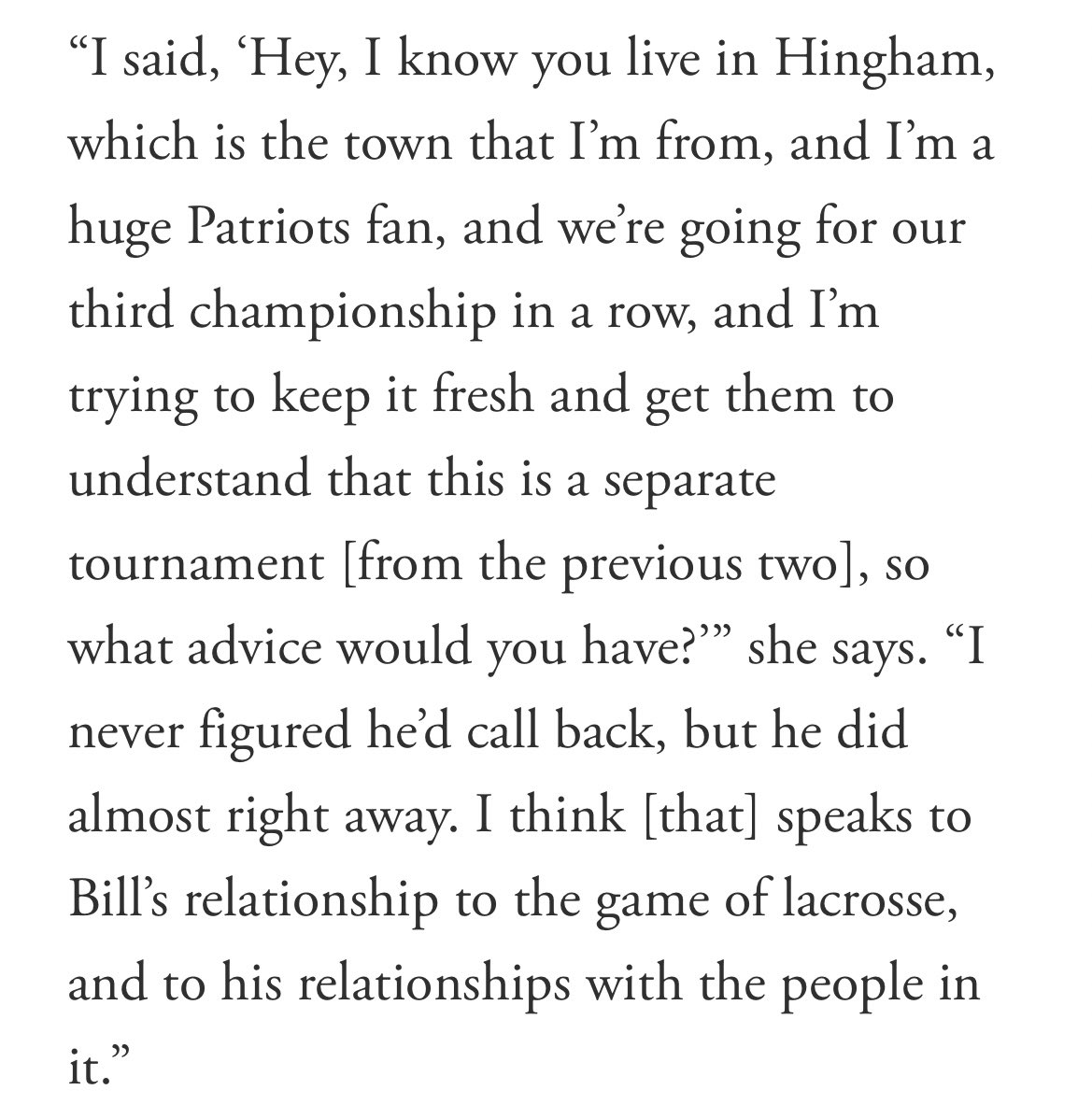 I knew how much Belichick loved lacrosse (his daughter Amanda coaches at Holy Cross), but I didn’t know he had ties to Kelly Amonte Hiller until I found this GQ story (well worth a read!): gq.com/story/bill-bel…