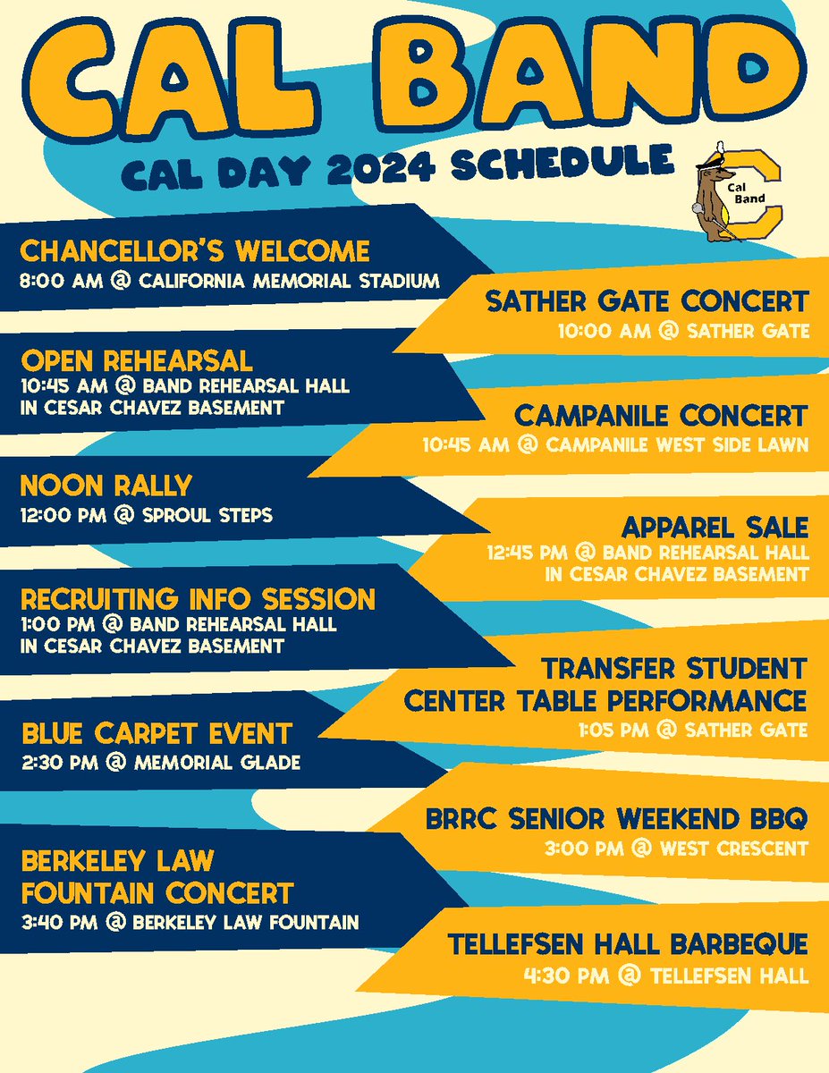 CAL DAY IS HERE!!!!!!!!! Swipe left for our Cal Day 2024 schedule! See you there bears! 💙🐻💛 #CalDay #CalBand #UCBerkeley #Cal #IAmBerkeley #Berkeley #GoBears #Admissions2024