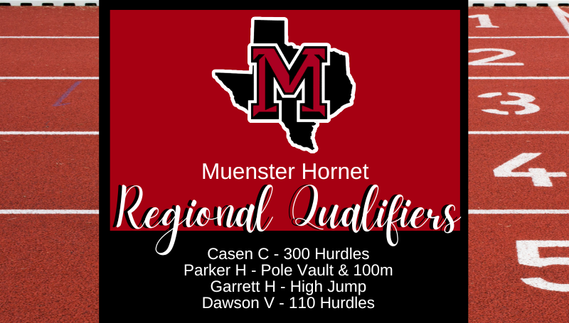 Muenster_ISD's tweet photo. Congratulations to the Hornet Track &amp; Field Regional Qualifiers!  Casen C advanced in the 300 Hurdles. Parker H advanced in both pole vault &amp; the 100m.  Garrett H advanced in high jump and Dawson V advanced in 110 Hurdles.  
#GreatThingsatMISD https://t.co/aPdBgNp8zL