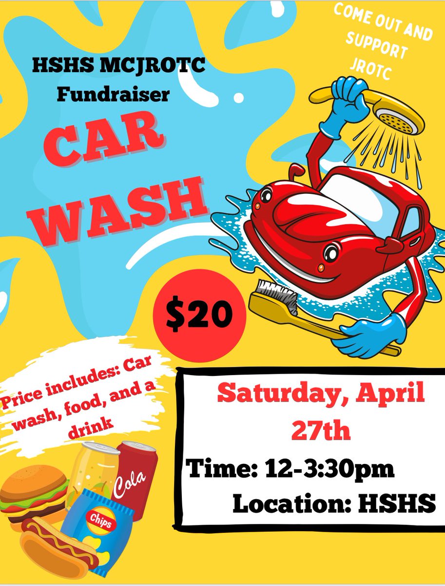 Mark your calendars!! April 27th come out and support! Get your car washed while you enjoy a quick lunch! 💛🖤 #fundraiser #wearehshs #support #hshs #fieldtrip #hshsmcjrotc