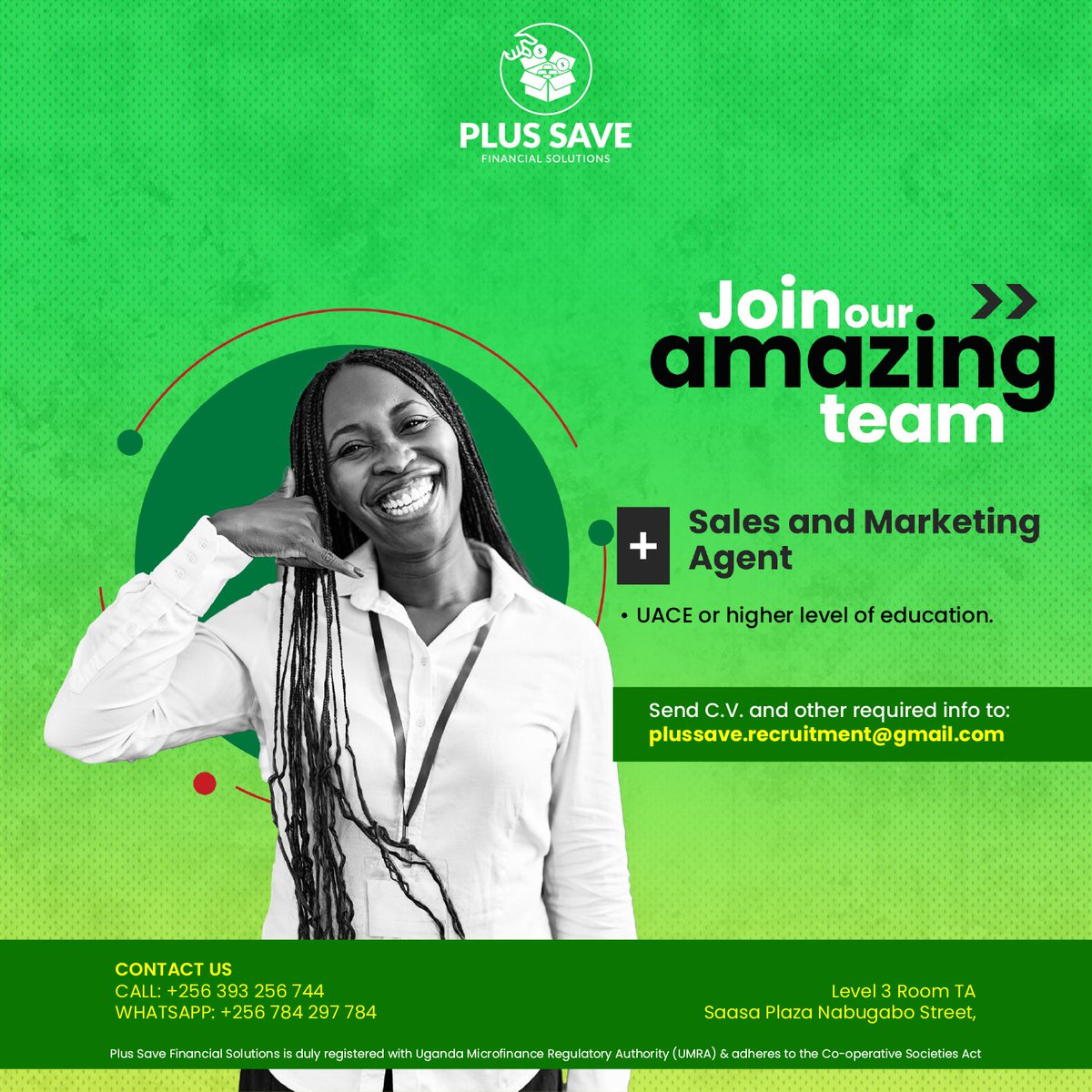 ENTRY-LEVEL JOBALERT 🚨

@Plussave_ is currently hiring sales and marketing agents to join its team.
Minimum qualification UACE 

#jobclinicug #jobs #hiring #jobsinuganda #ApplyNow #careers #jobalerts